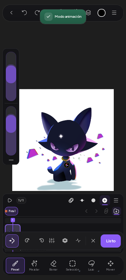 Lienzo en modo animación con la tira de fotogramas y sus mandos