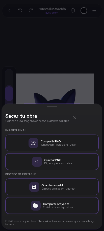 Hoja Sacar tu obra con Compartir PNG, Guardar PNG, Guardar respaldo y Compartir proyecto