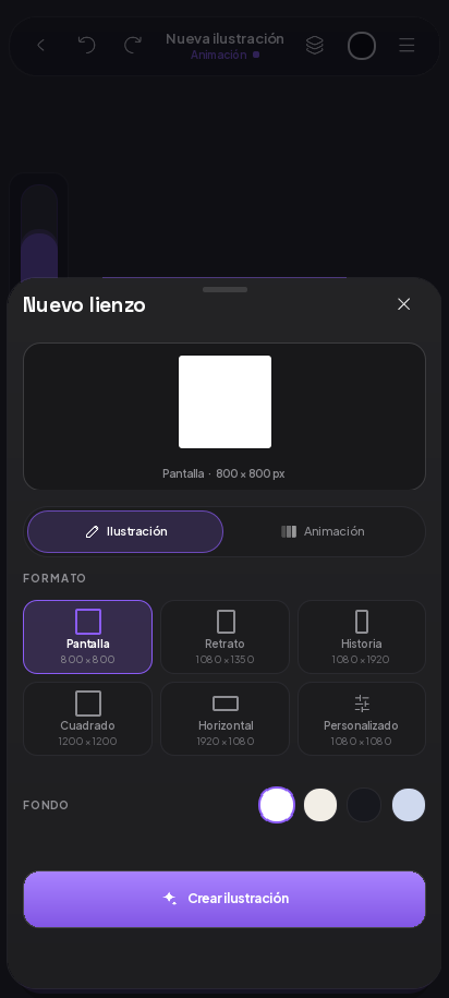 Hoja Nuevo lienzo con formato, fondo y el botón Crear ilustración