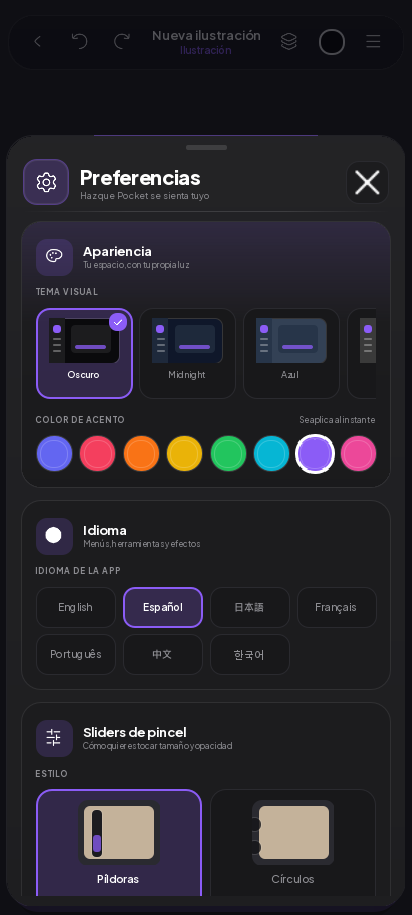 Hoja Preferencias con Apariencia, Idioma y Sliders de pincel
