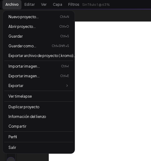 Menú Archivo desplegado: Nuevo proyecto, Abrir, Guardar, Guardar como, Exportar, Ver timelapse…