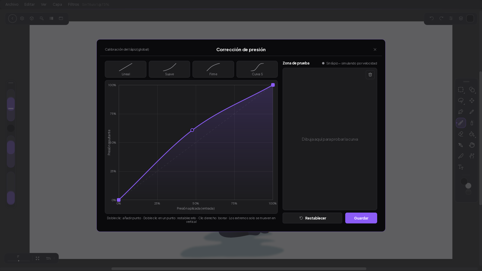 Diálogo Corrección de presión con los presets Lineal, Suave, Firme y Curva S y la zona de prueba